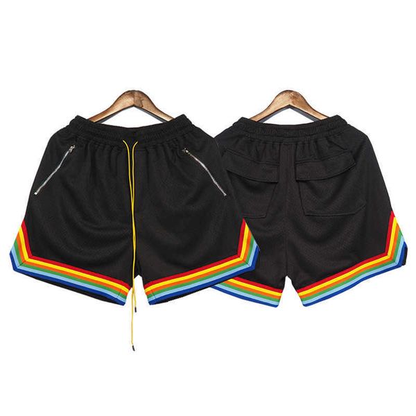 

men's pants summer high-street fashion shorts mesh fabric rainbow sports casual capris youth loose straight pants rhude, Black
