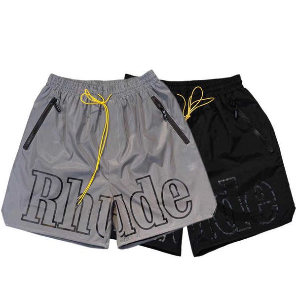 

men's pants 2023 summer new rhude new york limited letter printing 3m reflective printed hip-hop shorts casual pants men, Black