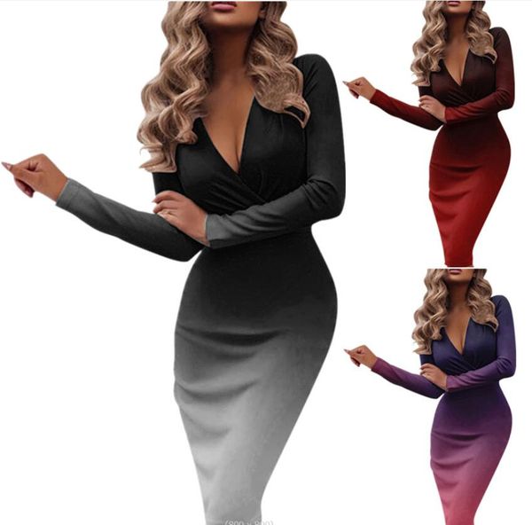 

women's casual dress 2023 summer new women's gradient slim fit long sleeve deep v-neck wrapped hip dress, Black;gray
