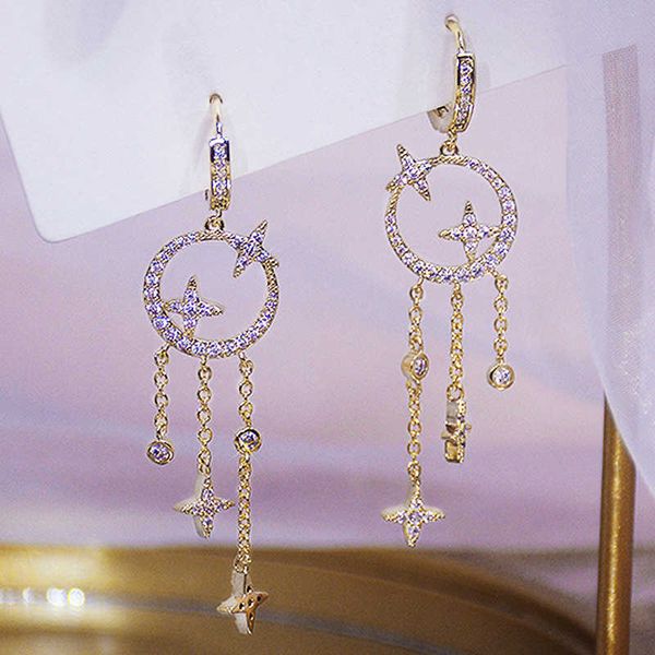 

charm 14k plated gold long tassel design fantasy women earring aaa cz luxury drop earring wedding engagement bridal jewelry pendant g230320, Golden