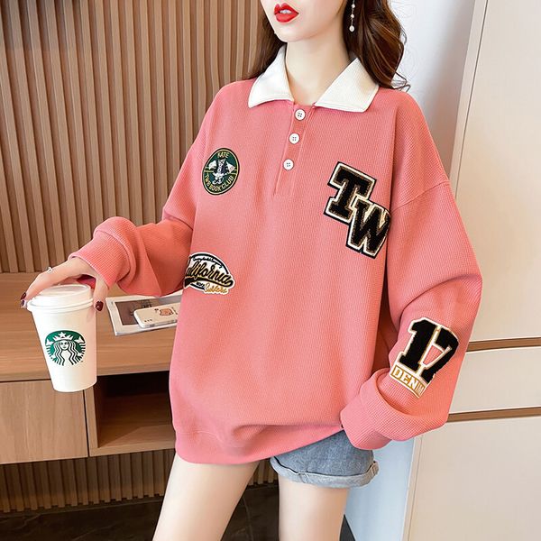 

women's hoodies sweatshirts spring and autumn women's new plush thickened polo embroidery medium length loose large sweater women, Black