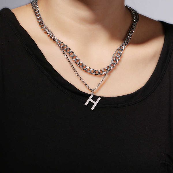 

s strands strings steel colorless letter pendant women spicy girl jewelry men's inscape necklace double layer sweater chain, Silver