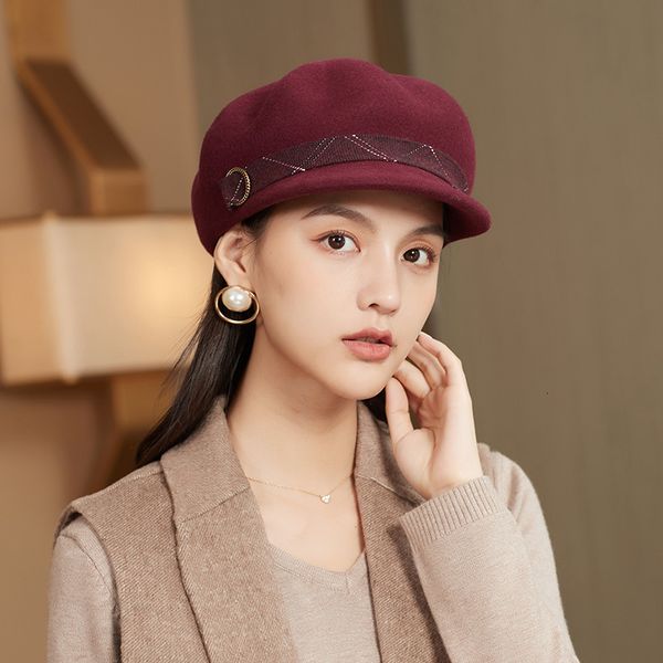 

berets autumn and winter woman solid color octagonal hat lady party fashion 100 wool felt sboy caps 230321, Blue;gray