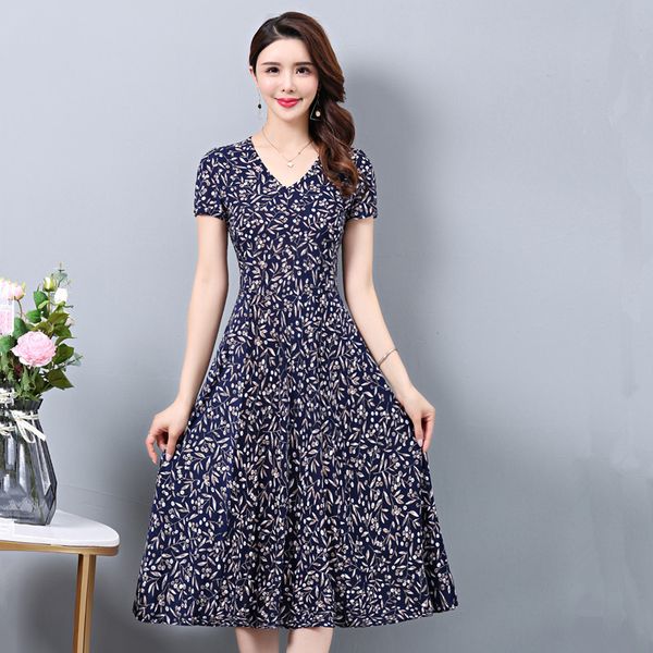 

casual dresses summer women casual dresses middle-aged casual short sleeve high waist flower print party dress female dress vestidos 230321, Black;gray