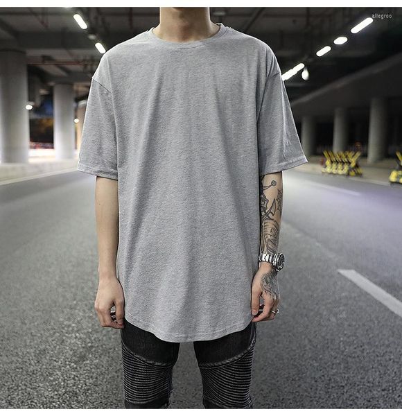 

men's t shirts european and american high street classic arc hem split solid color bottoming t-shirt all-match loose inner short sleeve, White;black