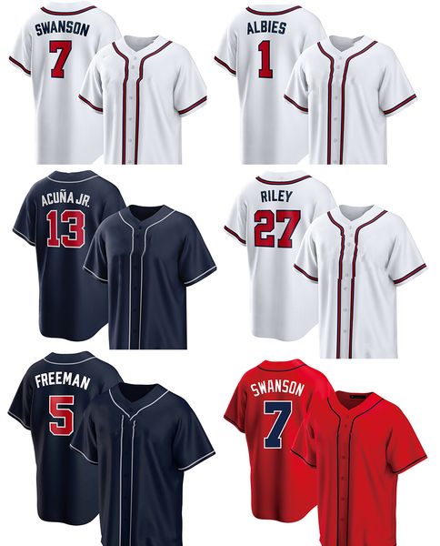 

1 albies baseball jerseys 7 swanson 27 riley 5 an yakuda local online store fashion dropshipping accepted cool base jersey 23 harris ii 13 a, Blue;black