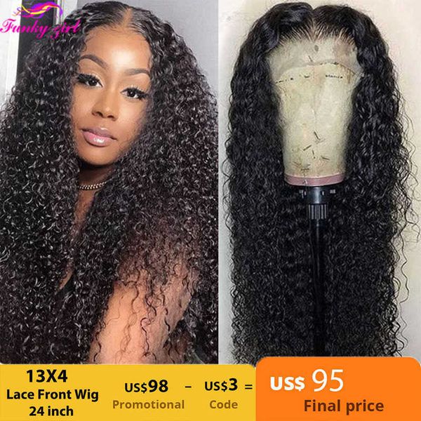 

synthetic wigs kinky curly human hair lace wig 13x1 t part deep transparent s for women 180% density brazilian remy 230227, Black