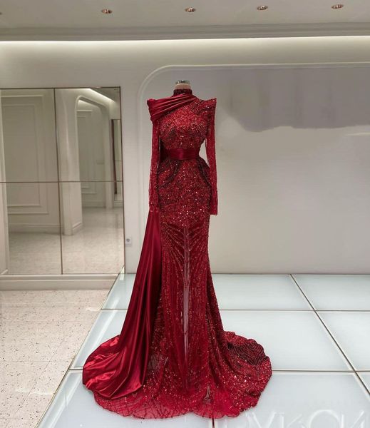 

sparkly mermaid evening dresses long sleeves high neck 3d lace beaded appliques sequins cape floor length train prom dresses formal gowns pl, Black;red