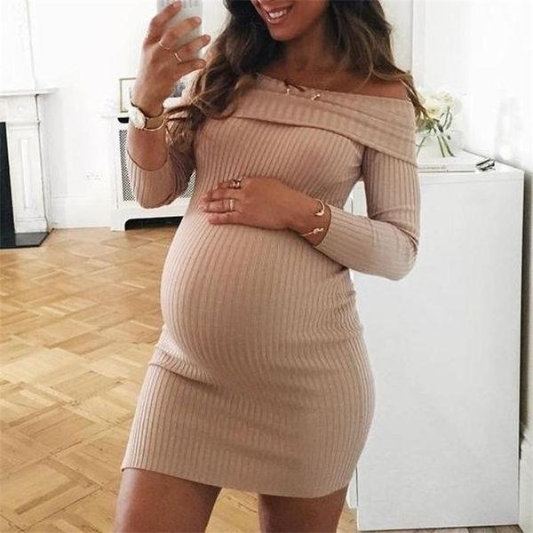 

sleep lounge women summer casual dresses pregnants long sleeve off shoulder nursing maternity dress knitted cotton pregnancy clothes 230320, White