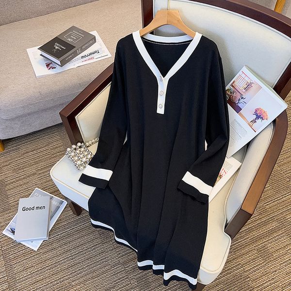

casual dresses 100/150kg oversized women ice silk knitted v-neck dress autumn winter medium long length knitted dress vestidos 6xl 7xl 23032, Black;gray