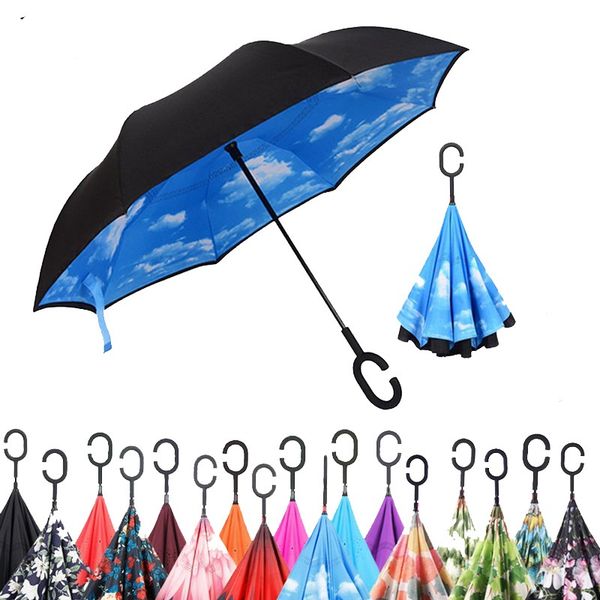 

10pcs folding reverse umbrella 52 styles double layer inverted long windproof rain car c-hook handle umbrellas