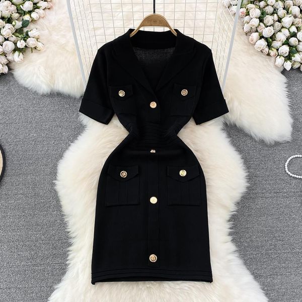 

women casual dresses foreign style age reduction ice silk v-neck fashion short sleeve hip wrap skirt classic knit dress, Black;gray