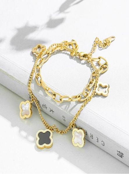 

classic design multilayered clover charm bracelet lucky stainless steel four leaf jewelry6173179, Golden;silver