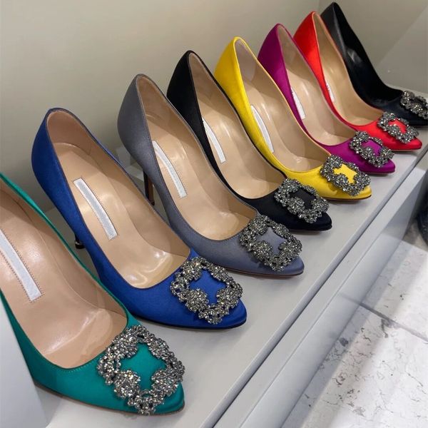 

designer women high heels wedding shoes rhinestone square metal buckle 6cm 8cm 10cm thin heel pointed toe silk real leather women's pum, Black