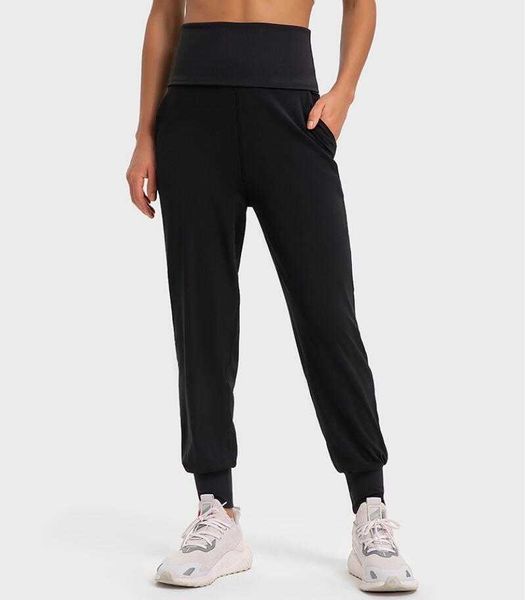 

lu-365 women's yoga pants striped rib waistband wrinkle-resistant warm belly pile leggings side pockets loose nude sports tights, White;red