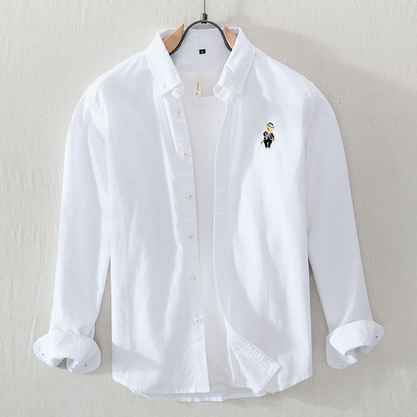 

men's casual shirts 100% cotton shirt spring and summer men cartoon bear embroidery korean fashion casual long sleeve shirt thin white, White;black
