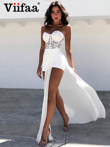 

casual dresses viifaa strapless sweetheart neck lace bodycon romper women off shoulder elegant party split chiffon long dress 230321, Black;gray