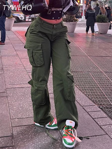 

women's pants capris army green cargo pants baggy jeans women fashion streetwear pockets straight high waist casual vintage denim trous, Black;white
