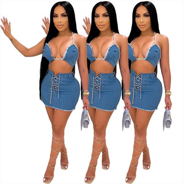 

ladies summer 2023 denim bra and skirt 2 piece jean set women club wear clothing for, Black;gray