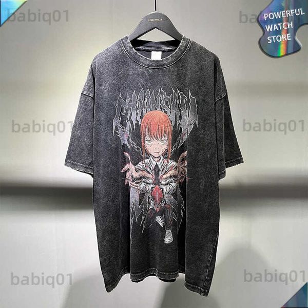 

men's t-shirts edging chainsaw man novelty printing harajuku manga vintage worn short sleeve men streetwear digital direct-injection t-, White;black