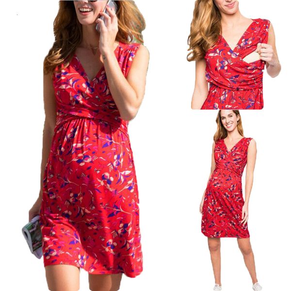 

maternity dresses fashion pregnant sleeveless vneck print nursing 230320, White