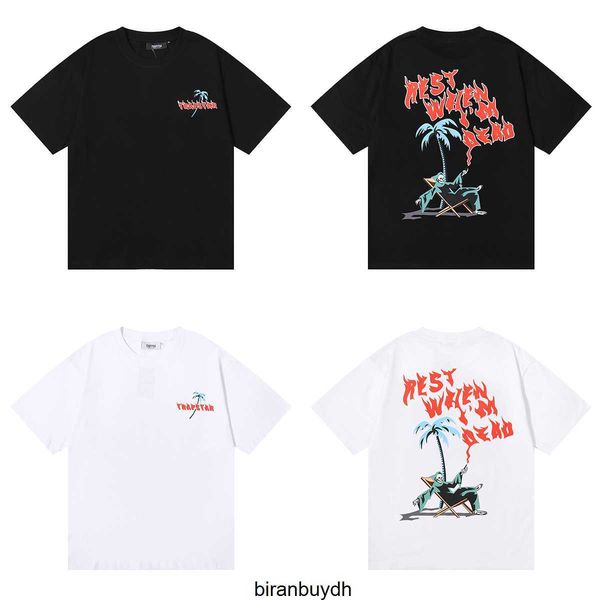 

sport men's t-shirts trapstar coconut tree recliner cozy life pattern printed double-yarn cotton high-gram weight short-sleeved t-shirt, White;black