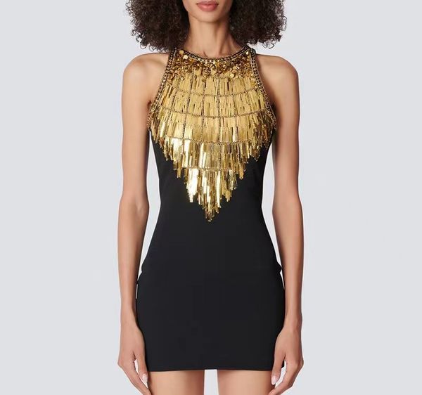 

high-quality metal sequin decoration black party dress