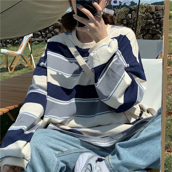 

womens tshirt woman tshirts striped tshirt longsleeved loose autumn clothes ropa mujer camisetas 230321, White