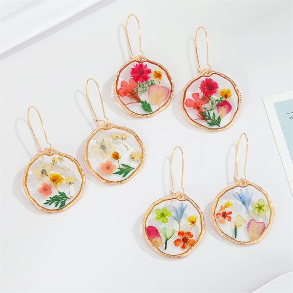 

s3529 retro transparent resin natural dried flowers dangle earrings diy dripping glue eternal flower hoop earrings, Silver
