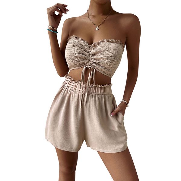 

summer strapless off-shoulder women's tanks & camis bandeau crop drawstring ruched elastic polyester solid color slim sleeveless, White