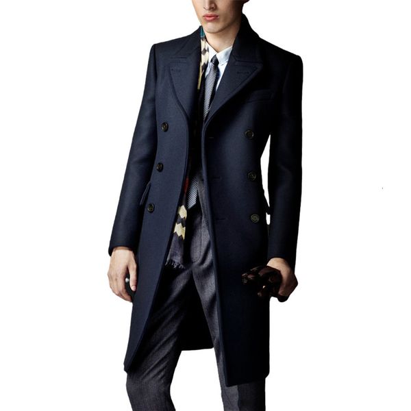 

men's wool blends winter len coats spring autumn medium length business large size overcoat double breasted trench 4xl 230320, Black