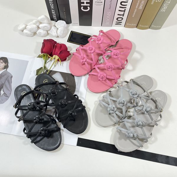 

2023 camellia flower sandals womens floral sandal low heel flats mules ladies girls summer shoes open toe strap sandals luxury c branded sli, Black