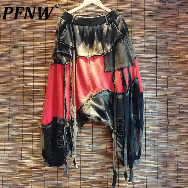 

men's pants pfnw spring autumn contrast color splice worn out leisure tassels elastic waist adjustable trousers 12a8344 230320, Black