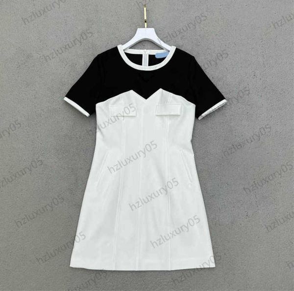 

summer dresses classic patchwork color design crewneck short sleeve casual dress front triangle logo decorative corset waist cut slim maxisk, Black;gray