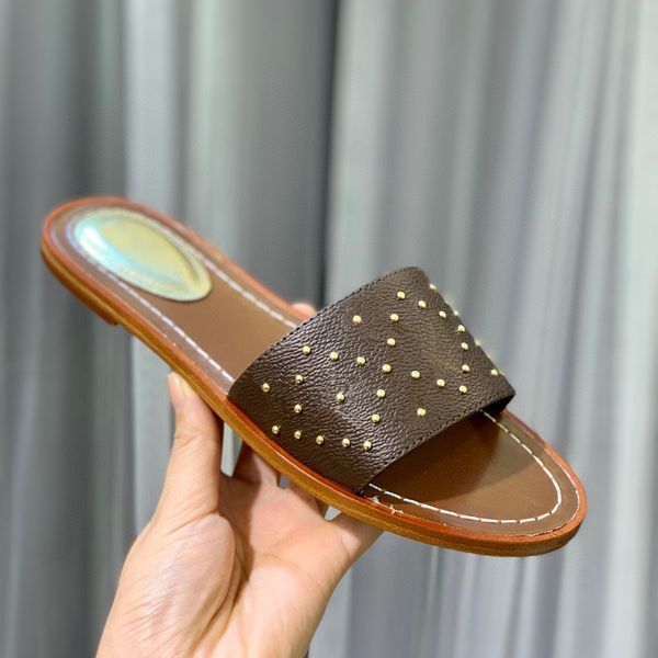 

luxury brand designer slippers slide thong sandal brown leather letters sandals women slipper men slides waterfront rivets beach slippersom, Black