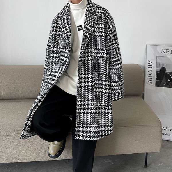 

men's wool blends autumn winter plaid coat warm fashion casual long woolen korean loose oversized windbreaker jacket s overcoat 230321, Black