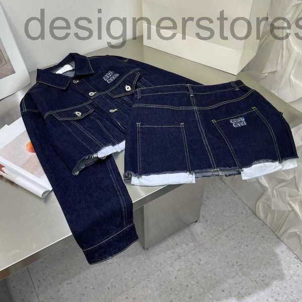 

designer fashion women denim jacket letter embroidered skirts coat two-piece miu jackets womens fashion casual denim skirt set hk7r, Black;brown