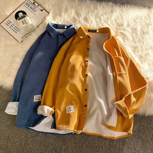 

men's casual shirts autumn winter fleece corduroy long sleeve men's shirts streetwear solid color oversize harajuku man shirt 2303, White;black