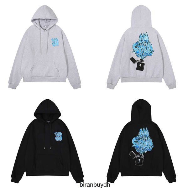 

sport men's hoodies sweatshirts trapstar lighter blue flame print high-quality cotton plush warm hoodie sweater, Black
