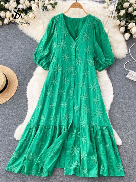 

casual dresses singreiny embroidary solid women chic dress v neck gentle single breasted retro vacation ladies a line beach long dresses 230, Black;gray