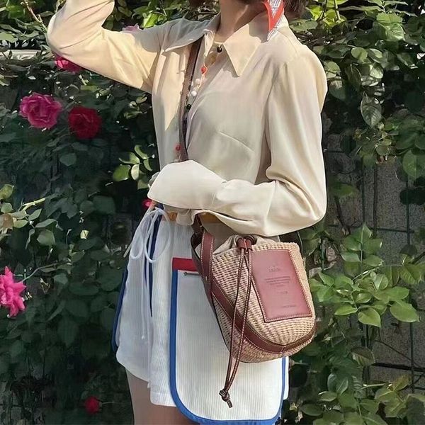 

women's summer woven crossbody bag hand-woven splicing pu letters luxury brand fashion bucket bag