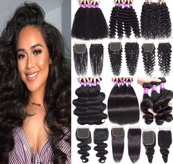 

9a peruvian virgin hair bundles with closure extension unprocessed deep wave kinky curly human hair bundles with lace closure 4x4 5440307, Black