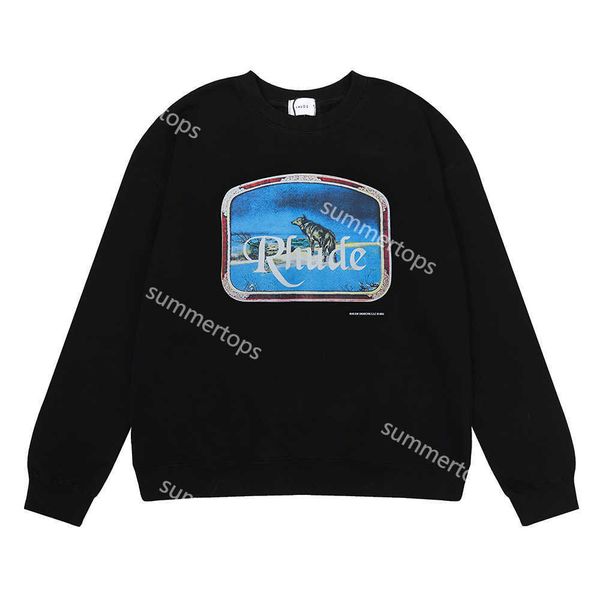 

rhude designer sweatshirt lone wolf print men women streetwear mens sweatshirt cotton crewneck hip hop high street pullover hoodies f03, Black