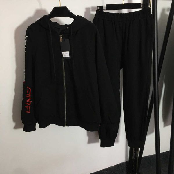 

23ss designer women brand sports suit embroidered alphabet long-sleeved hooded zipper coat elastic waist cinched feet casual trousers set wo, Gray