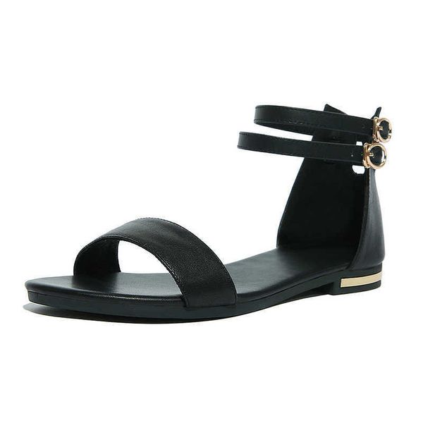 

sandals plus size 31-46 new genuine leather girl's sandals women summer shoes buckle strap casual flat sandals ladies shoes g230321, Black