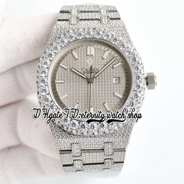 

bzf sf15500 japan m8215 automatic mens watch iced out big diamond bezel gray texture dial stick markers stainless steel diamonds bracelet et, Slivery;brown