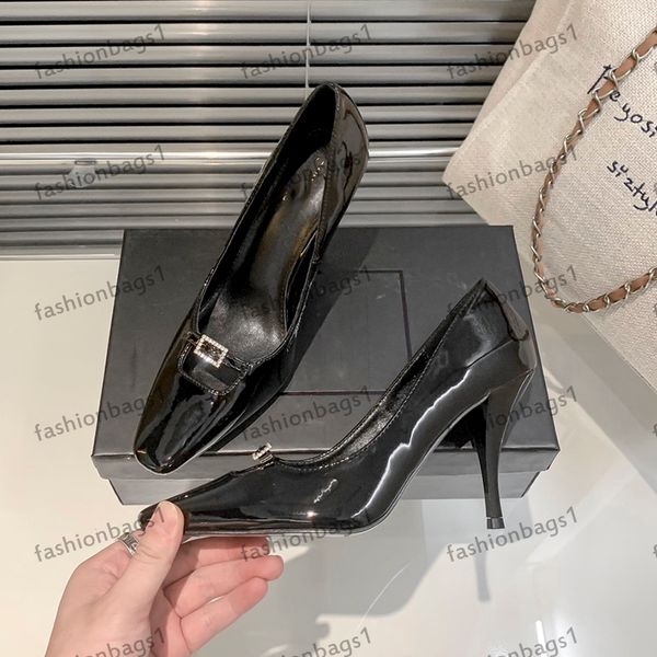 

womens stiletto sandals square buckle rhinestone slippers office dress shoes single shoe brand designer patent leather classic black banquet