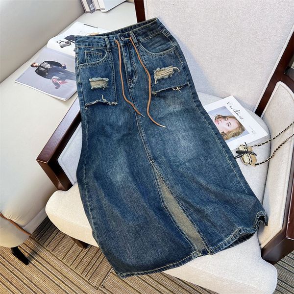 

skirts burr edge hole denim aline midlength women's spring summer loose thin slit allmatch temperament casual female 230321, Black