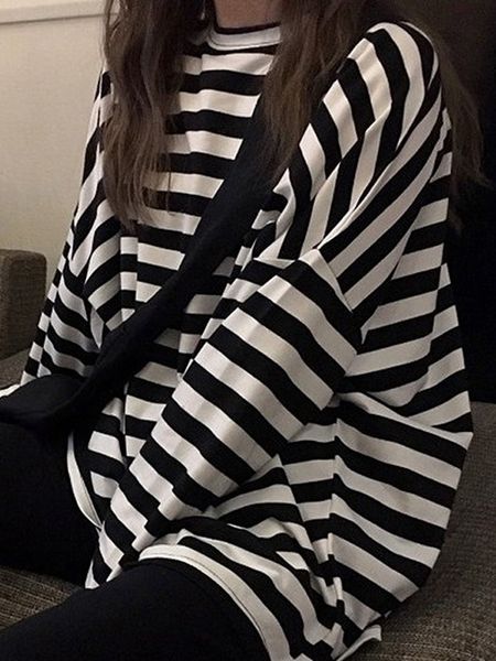 

womens tshirt oversized t shirt spring autumn women harajuku striped tshirt korean casual full sleeve oneck tshirts ulzzang femme black 2303, White