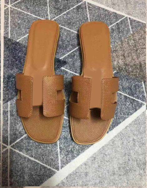 

luxury designer leather women's sandal summer leather flat shoes fashion beach women's slipper h letter slide 35-42, Black